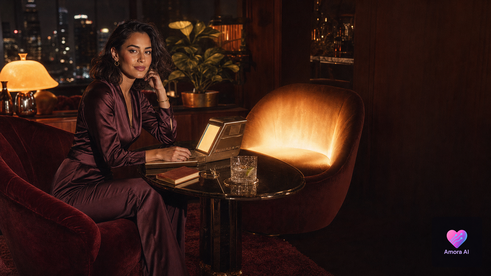 Mature woman in satin eveningwear converses with an AI companion in a glamorous 1970s lounge.