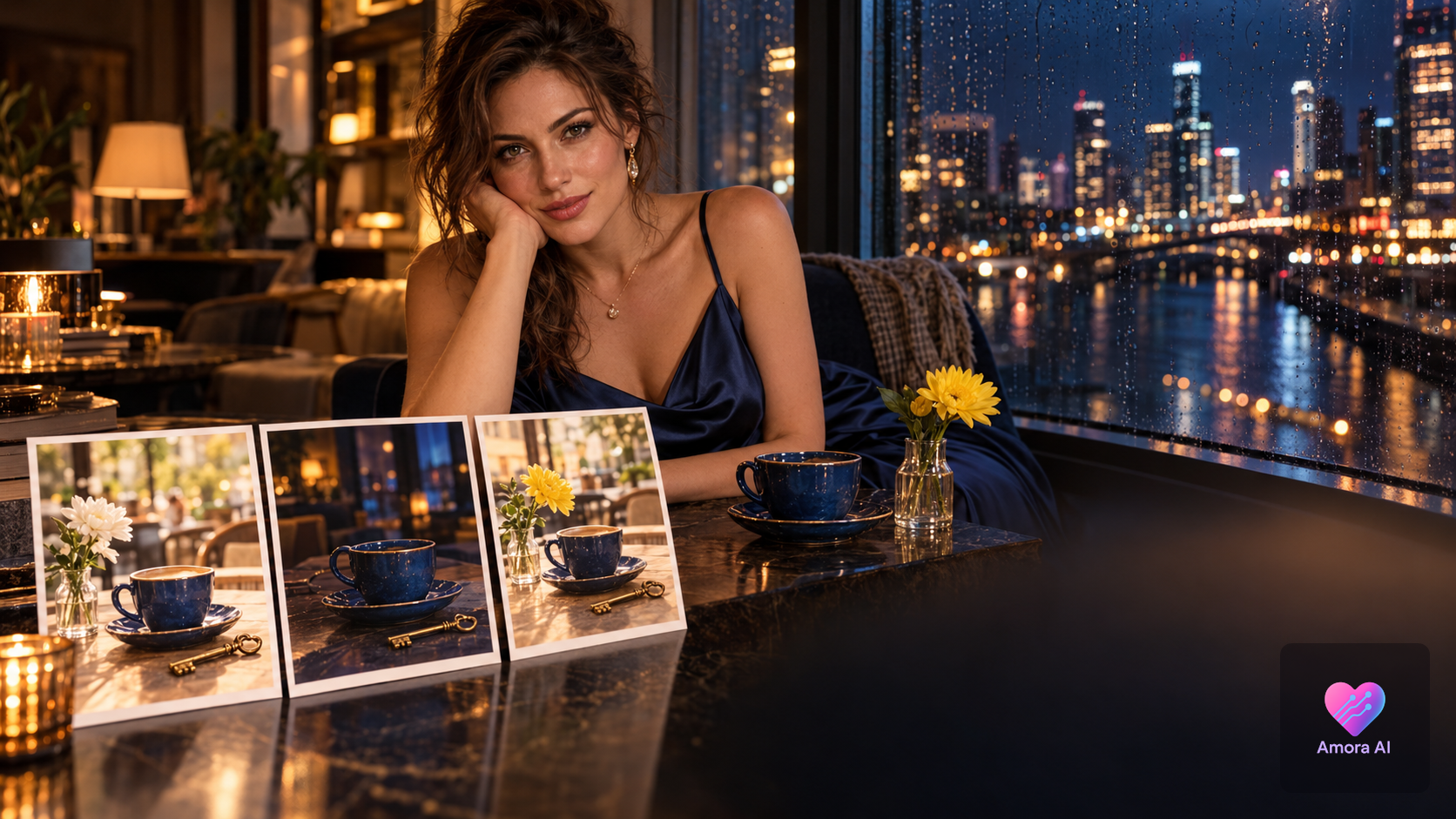 Woman beside a rainy apartment window, with three separated photo prints suggesting a story revisited over time.