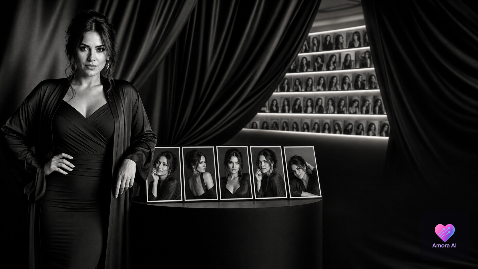 Woman beside a limited stack of AI photo prints in a monochrome silk-draped studio