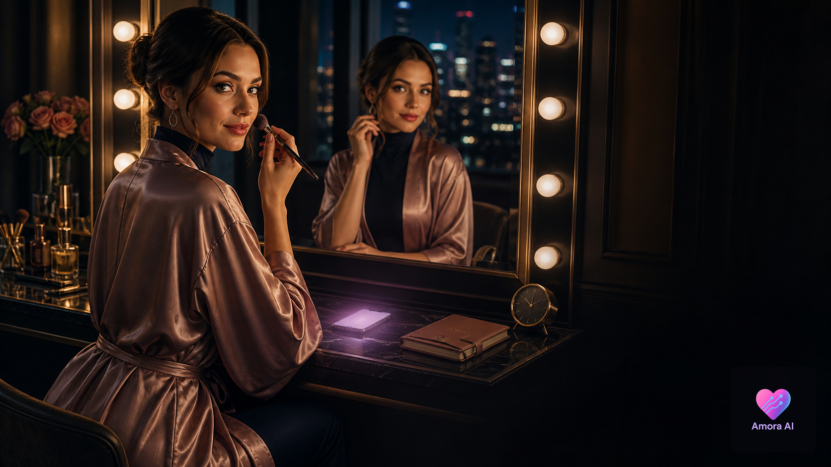 Mature woman meets the mirror's gaze as her untouched phone lights up beside her vanity.