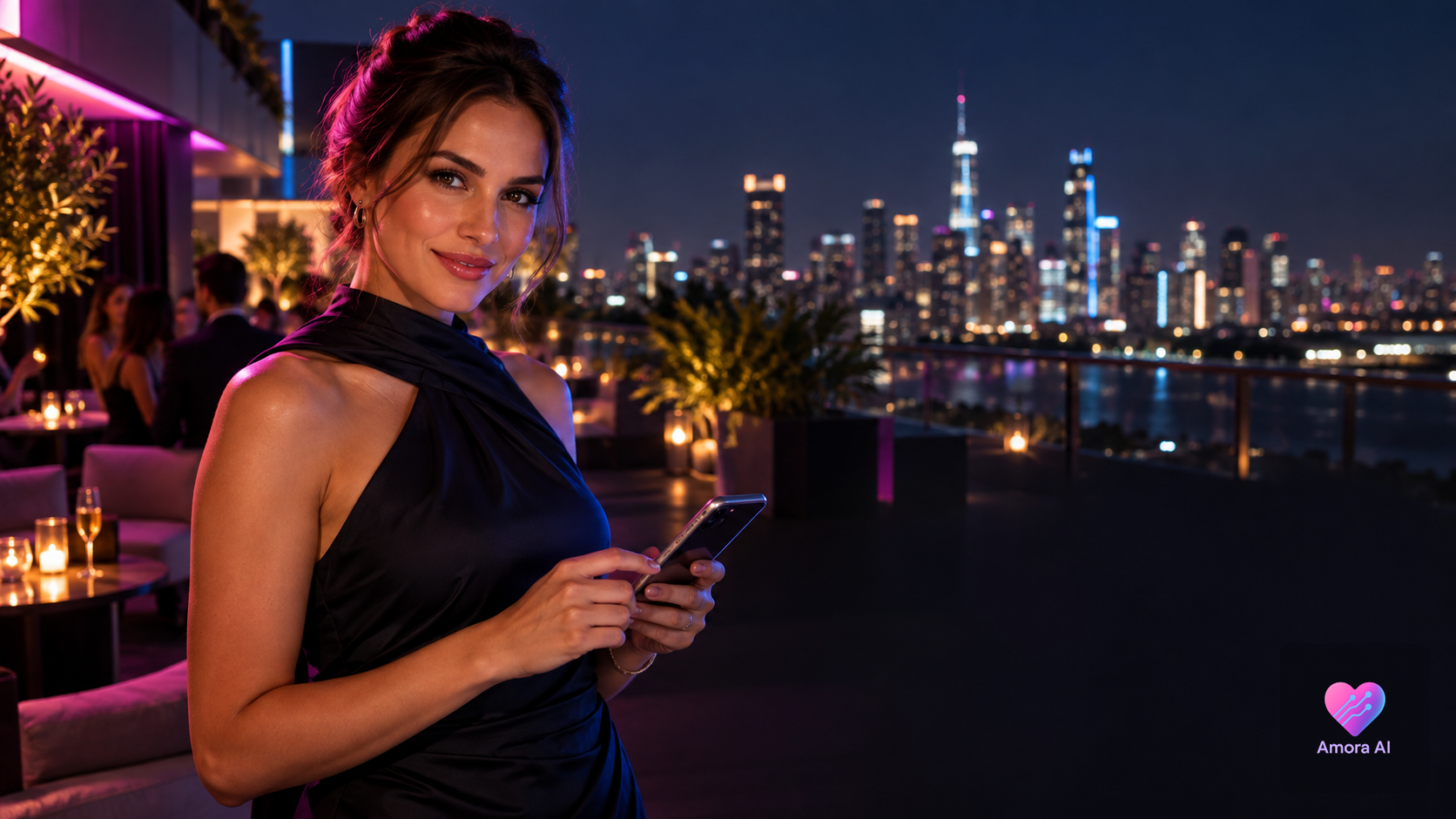 Woman at a candlelit table with coffee and a phone showing abstract chat symbols as dawn breaks outside.
