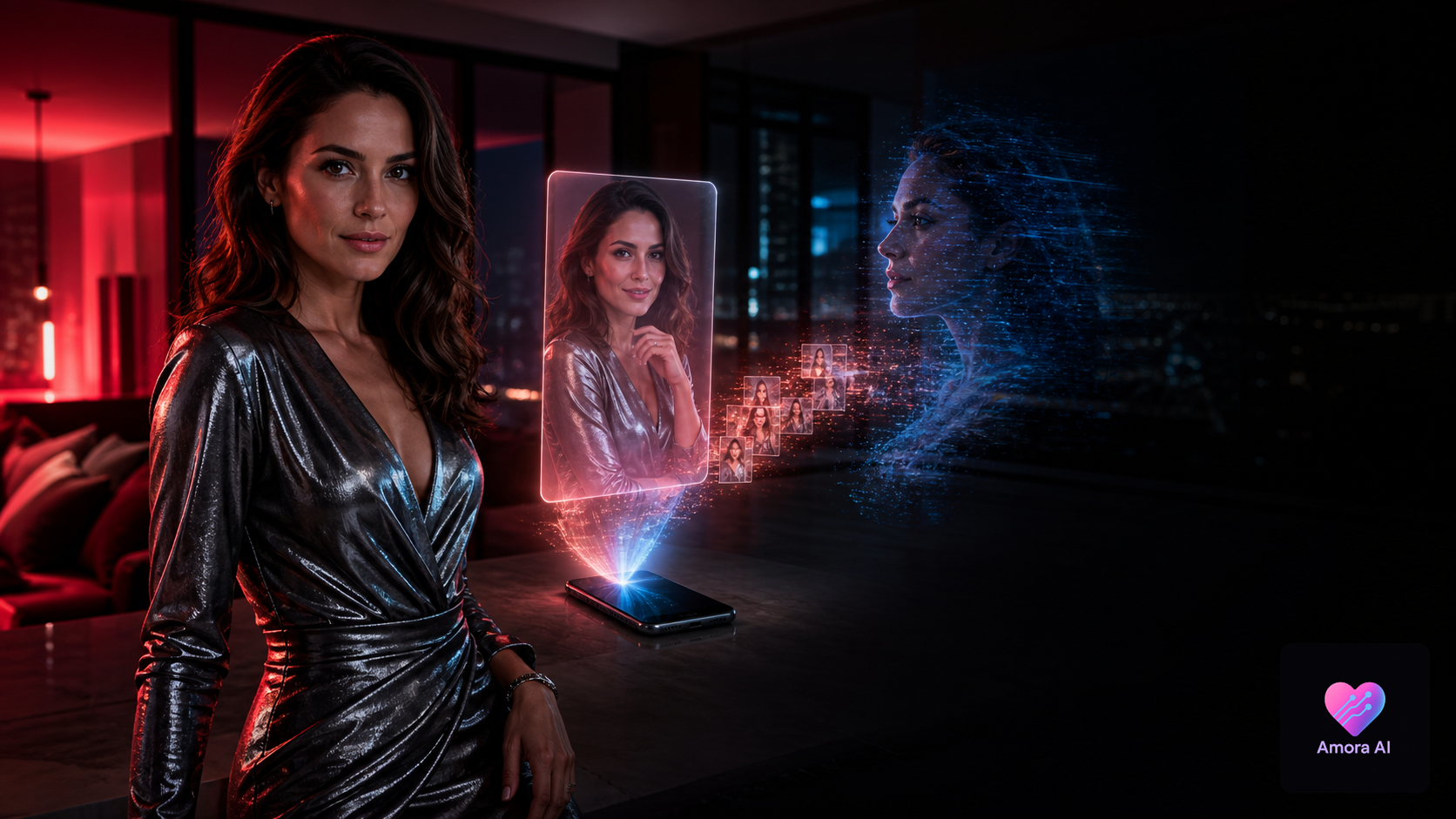 Mature woman viewing an AI video message in a neon-lit futuristic apartment
