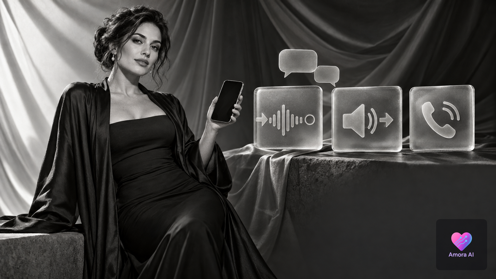 Woman in a monochrome silk-draped studio beside separate voice-note, audio-reply and phone-call symbols.