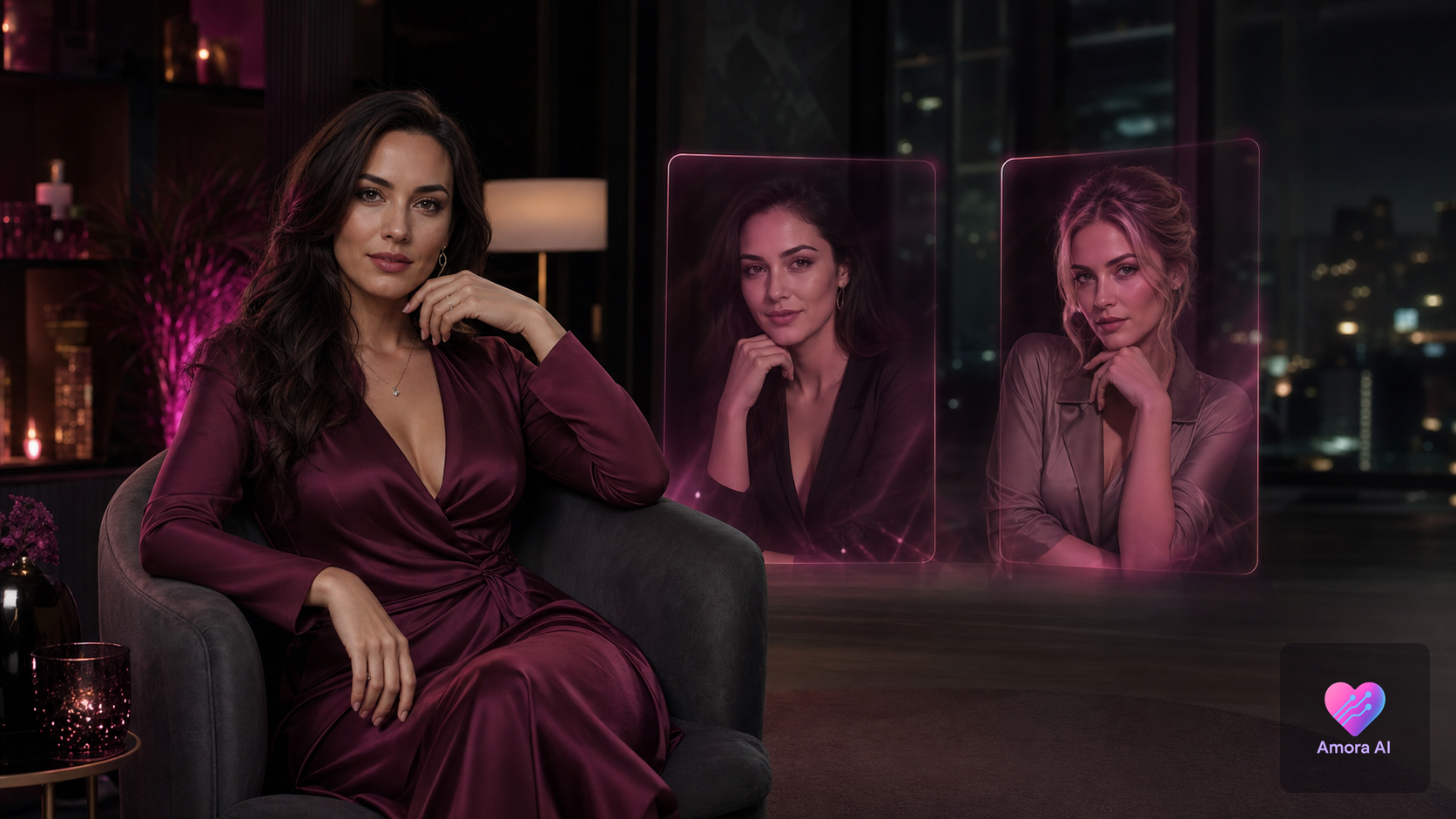 Elegant adult AI companion with phone voice call visuals in a discreet cinematic setting