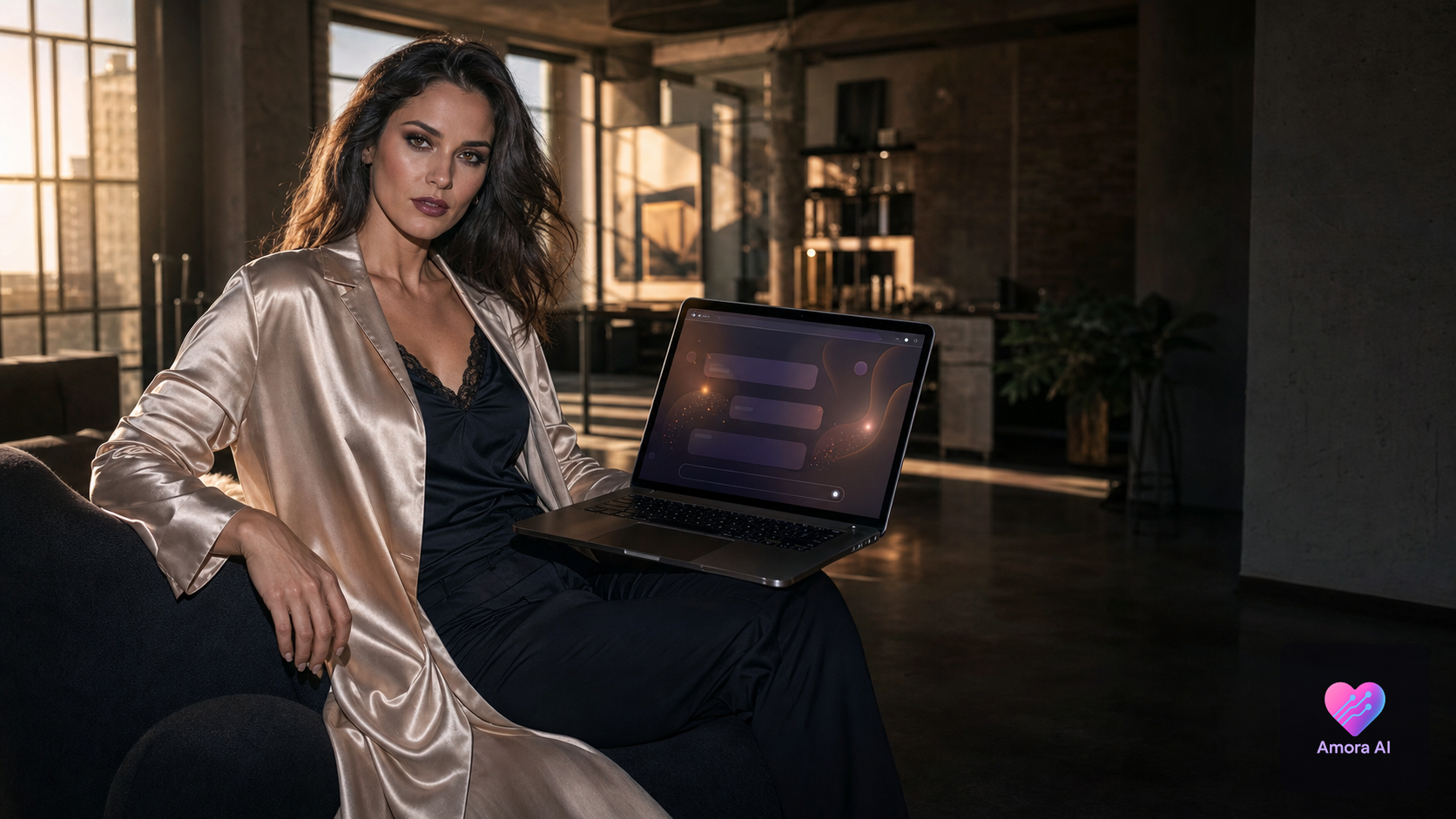 Confident adult woman in a satin lounge set beside an open laptop in a sunlit designer loft.