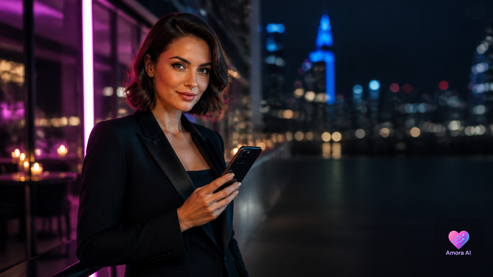 Mature woman in a velvet suite holding an Android phone, styled for a premium AI companion editorial.