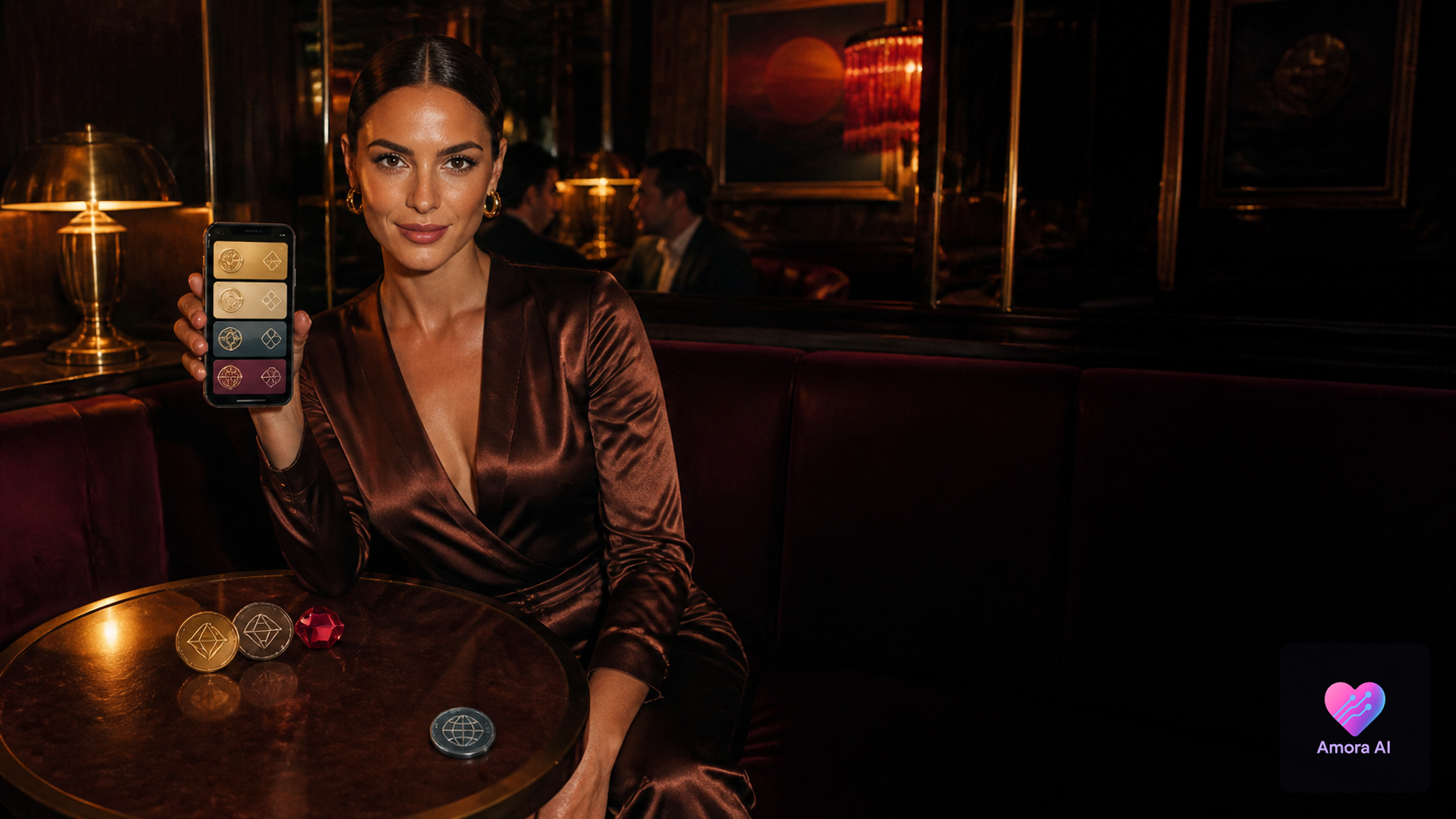 Mature woman in a satin jumpsuit reviews digital payment options in a glamorous 1970s lounge.