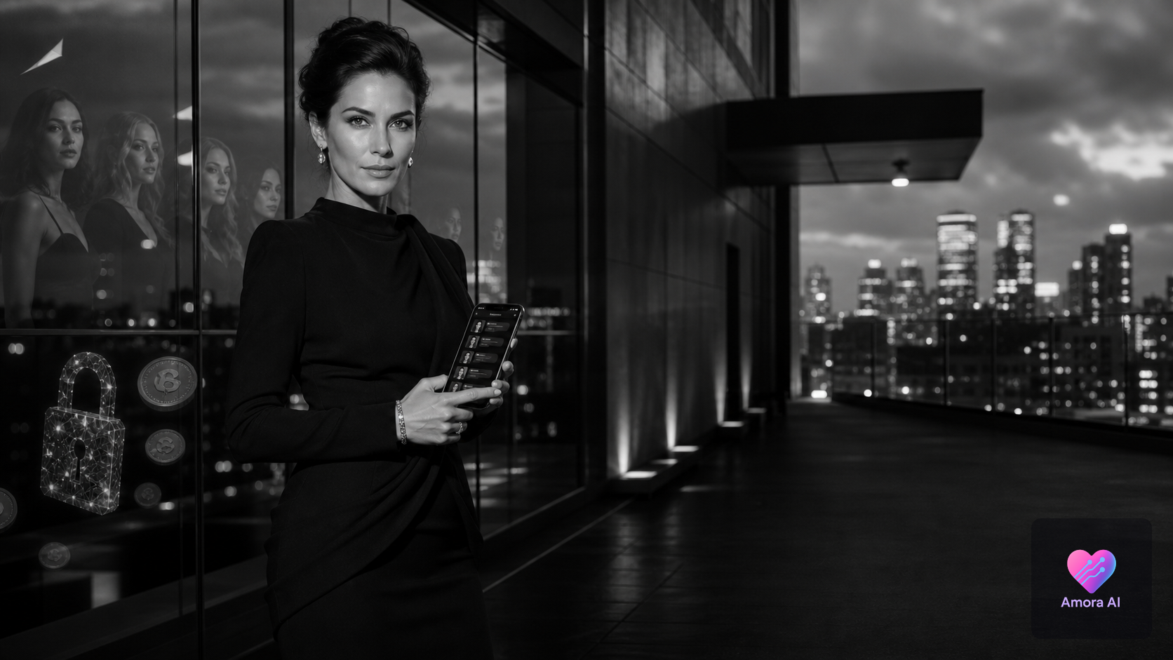 Mature woman reviews an AI companion chat on her phone atop a city rooftop at blue hour.