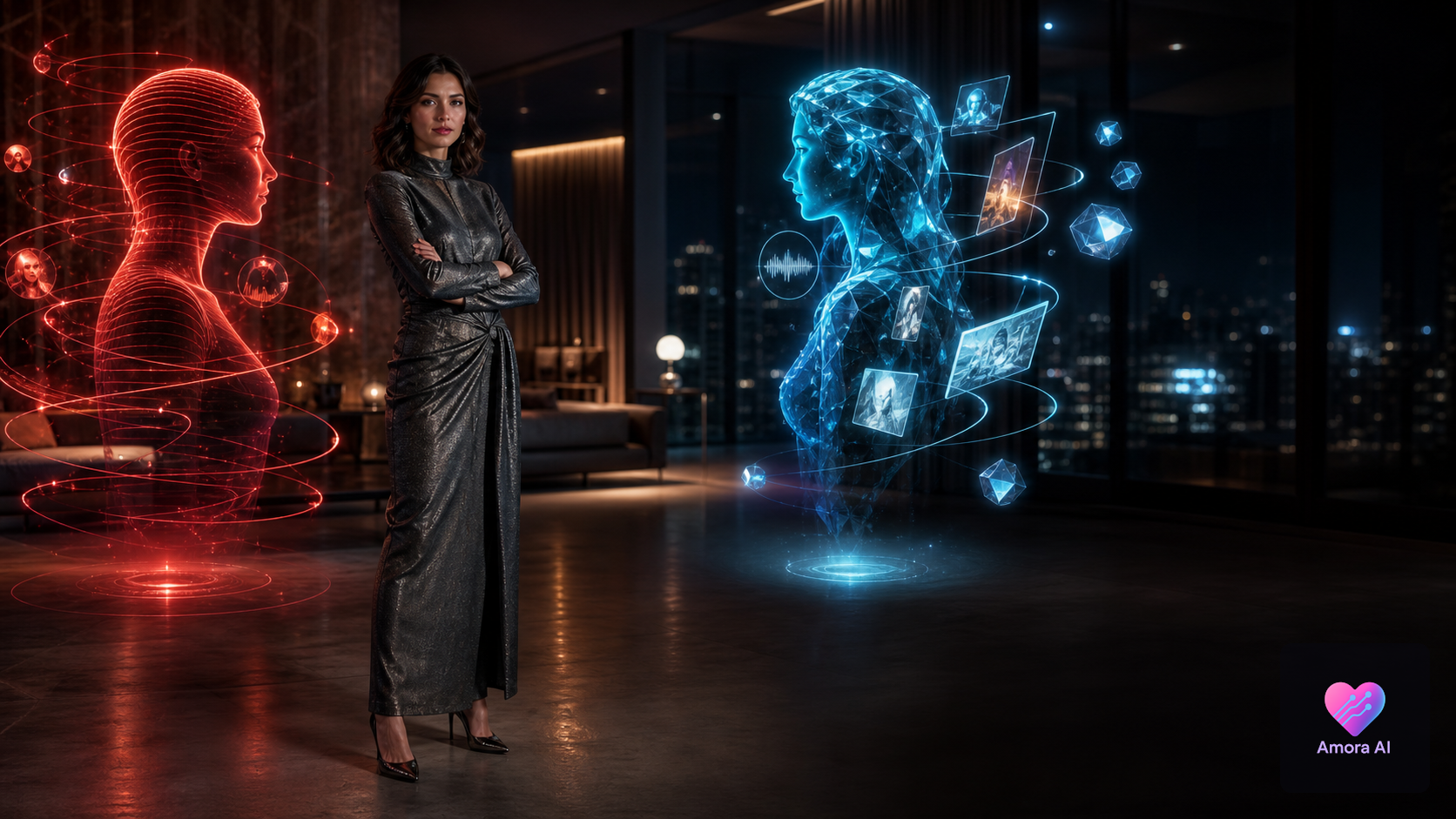 Mature woman comparing two holographic AI companions in a crimson-and-cyan futuristic apartment