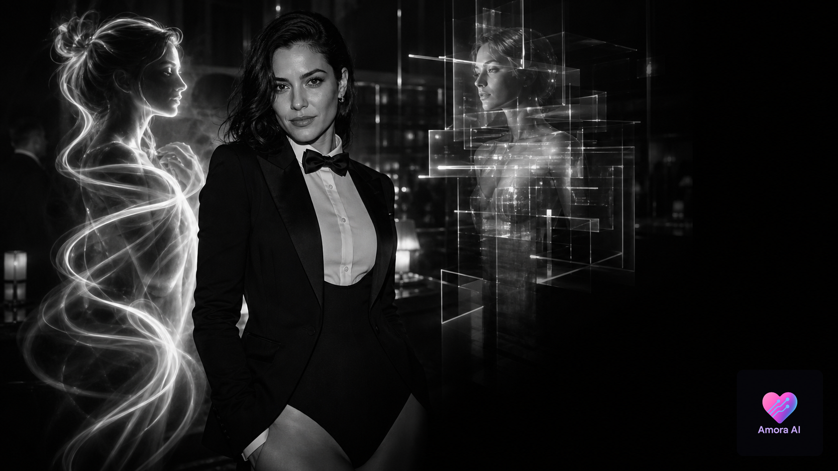 Mature woman in noir eveningwear between two contrasting AI companion projections in a private club