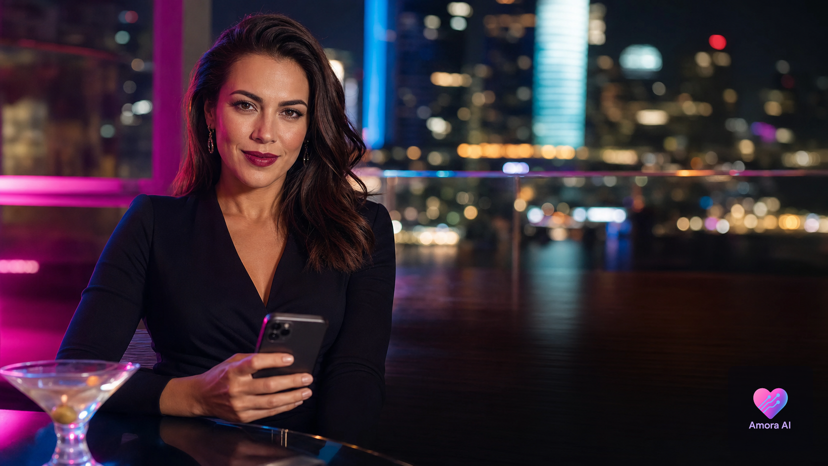 Mature woman using an AI companion web app on a laptop in an exclusive low-lit lounge.