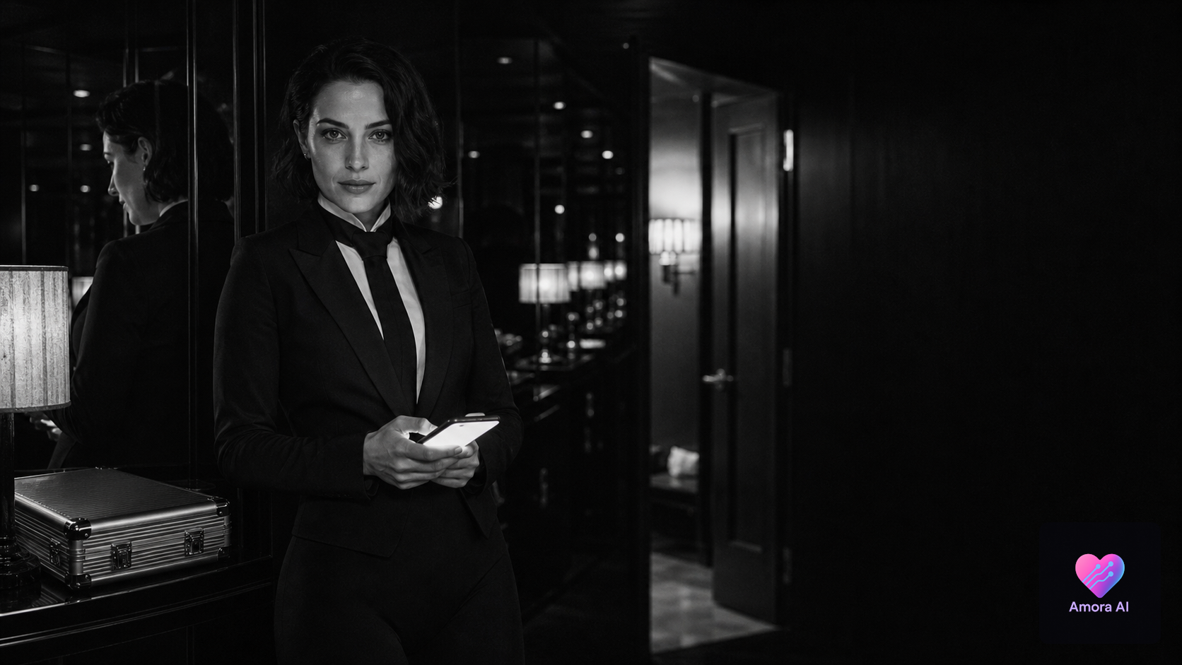 Confident woman in a noir private club studies her phone amid layered reflections suggesting digital privacy.