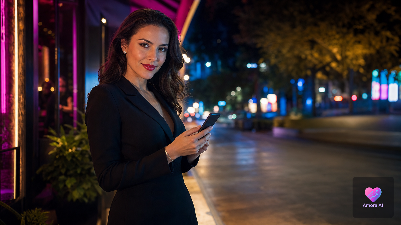 Confident woman by a rain-streaked window holding a phone, framed in cinematic nightlife light.