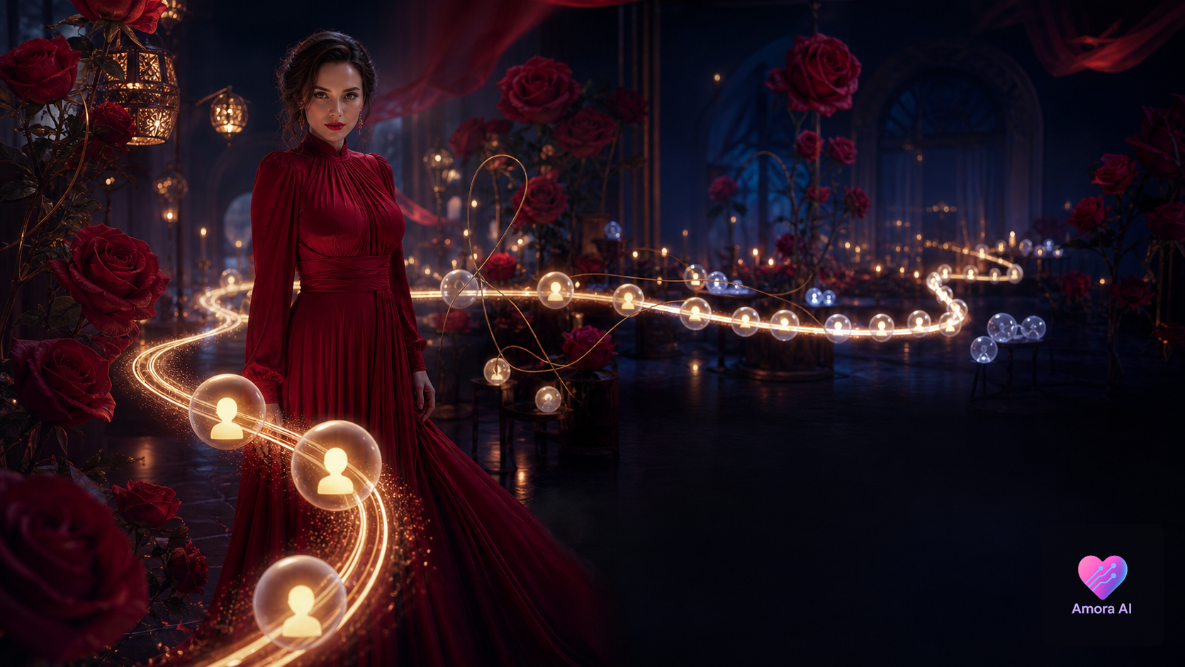 Mature woman in a red-rose dreamscape follows an endless ribbon of glowing conversation lights.