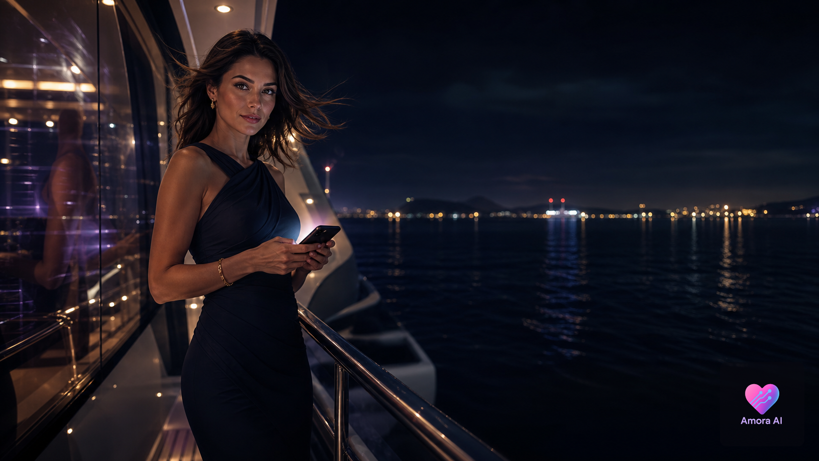 Mature woman on a yacht at night holding a glowing phone against distant harbor lights