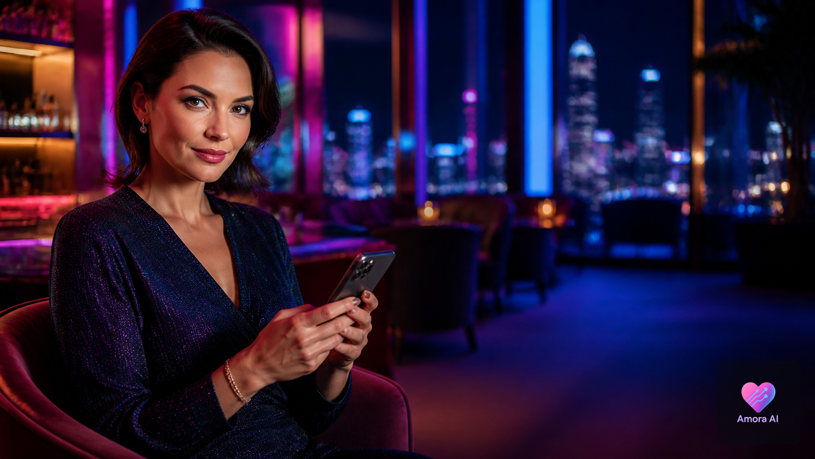 Woman by a rainy window viewing a companion photo gallery on her phone