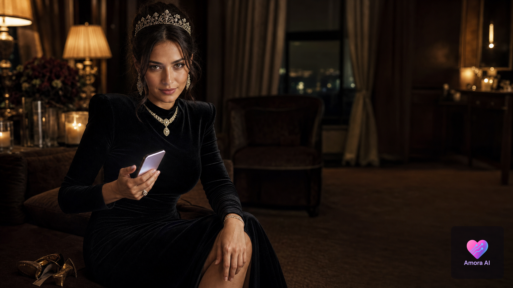 Regal woman in an evening gown holding a glowing phone in a candlelit luxury suite after a gala.