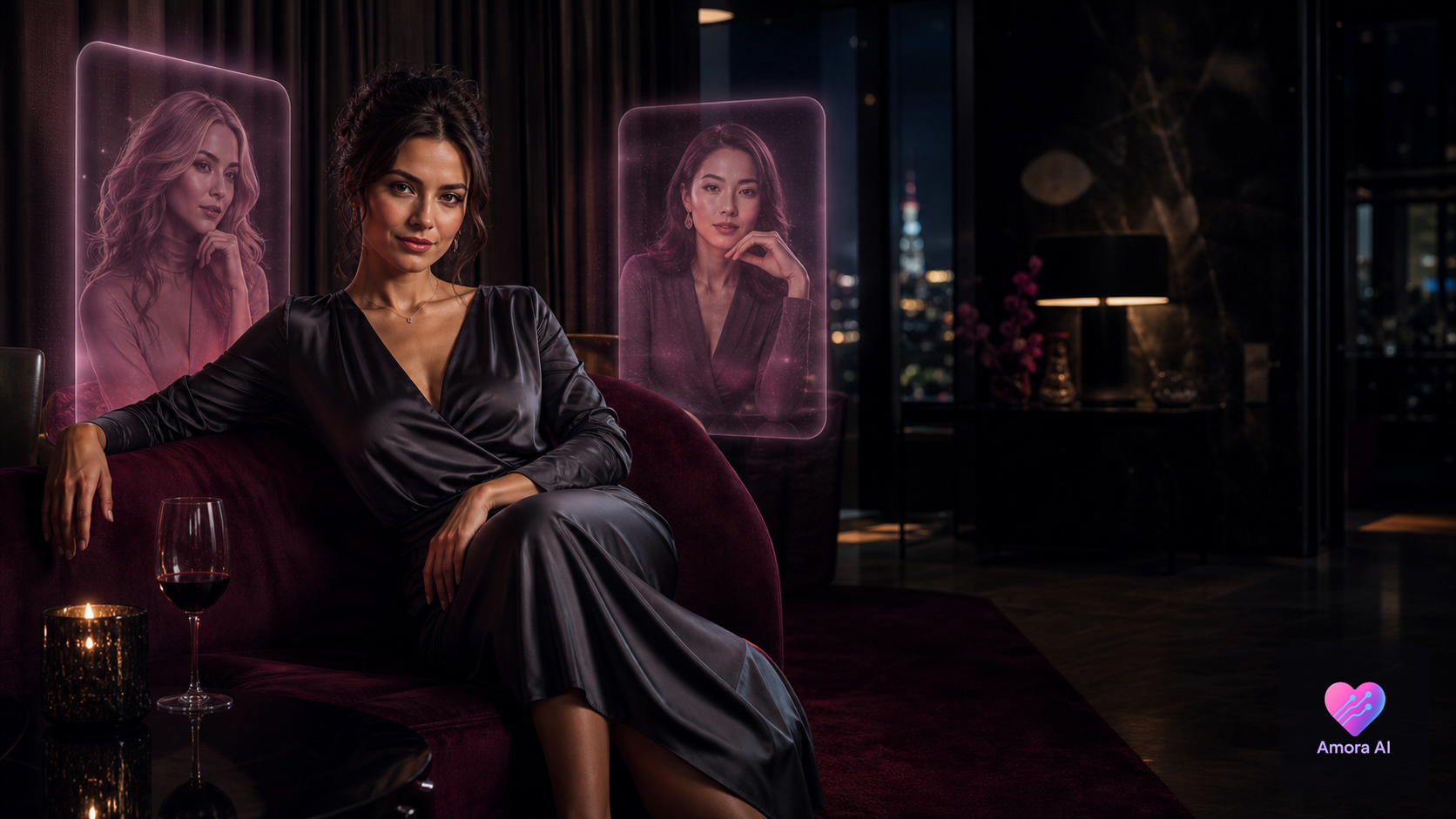 Elegant adult AI companion in cinematic chat scene with romantic evening mood