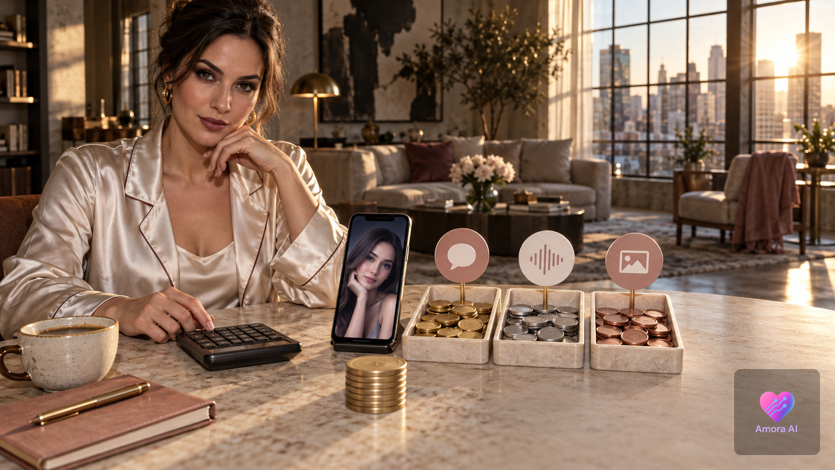 Woman in a sunlit loft comparing AI companion chat, voice, and photo costs with a phone, calculator, and credit tokens.