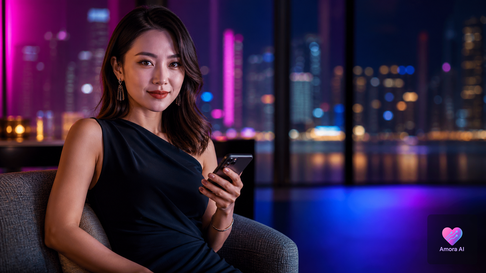 Mature woman at a candlelit dinner using an AI roleplay chat on her phone after midnight.