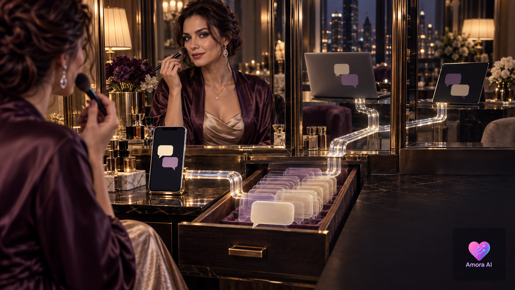 Woman at an evening vanity, with a phone reflected through glass panels toward storage drawers and connected devices.