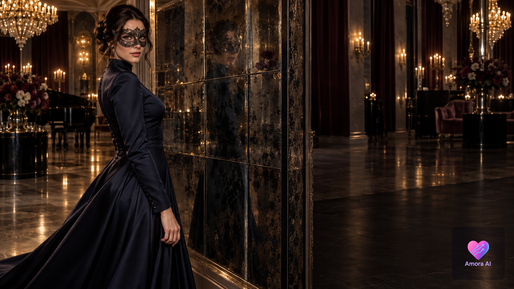 Masked woman in a quiet ballroom beside a fragmented mirror, suggesting an unresolved question of identity.