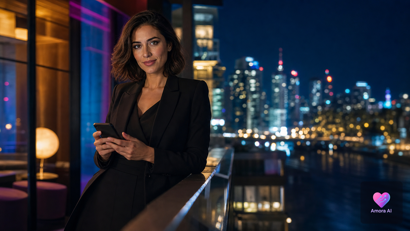 Mature woman in a velvet suite holding a glowing phone, poised between AI intimacy and reflection.