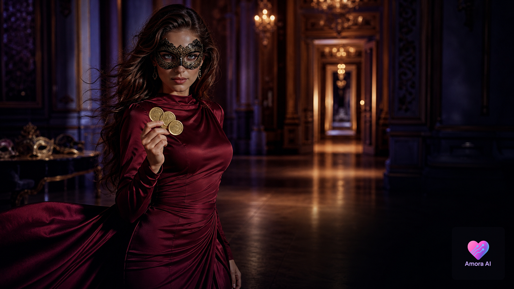 Masked woman in an empty modern ballroom holding three invitation tokens, with her eyes sharply focused.