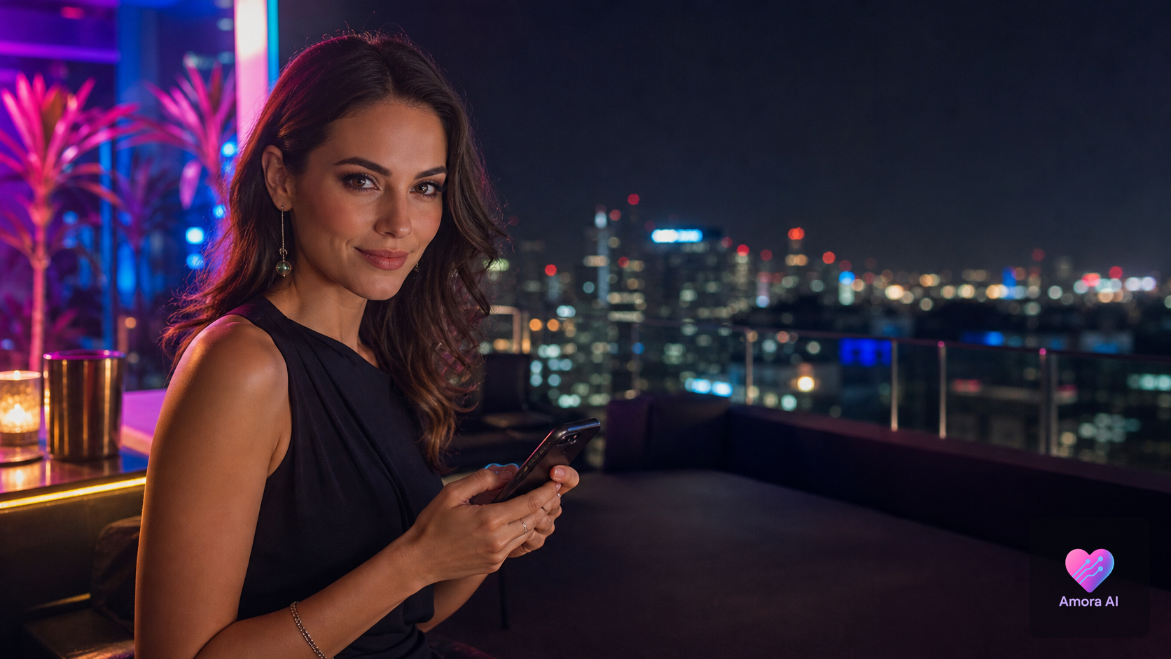 Mature woman in an evening gown holding a phone in a warmly lit private library after dark.