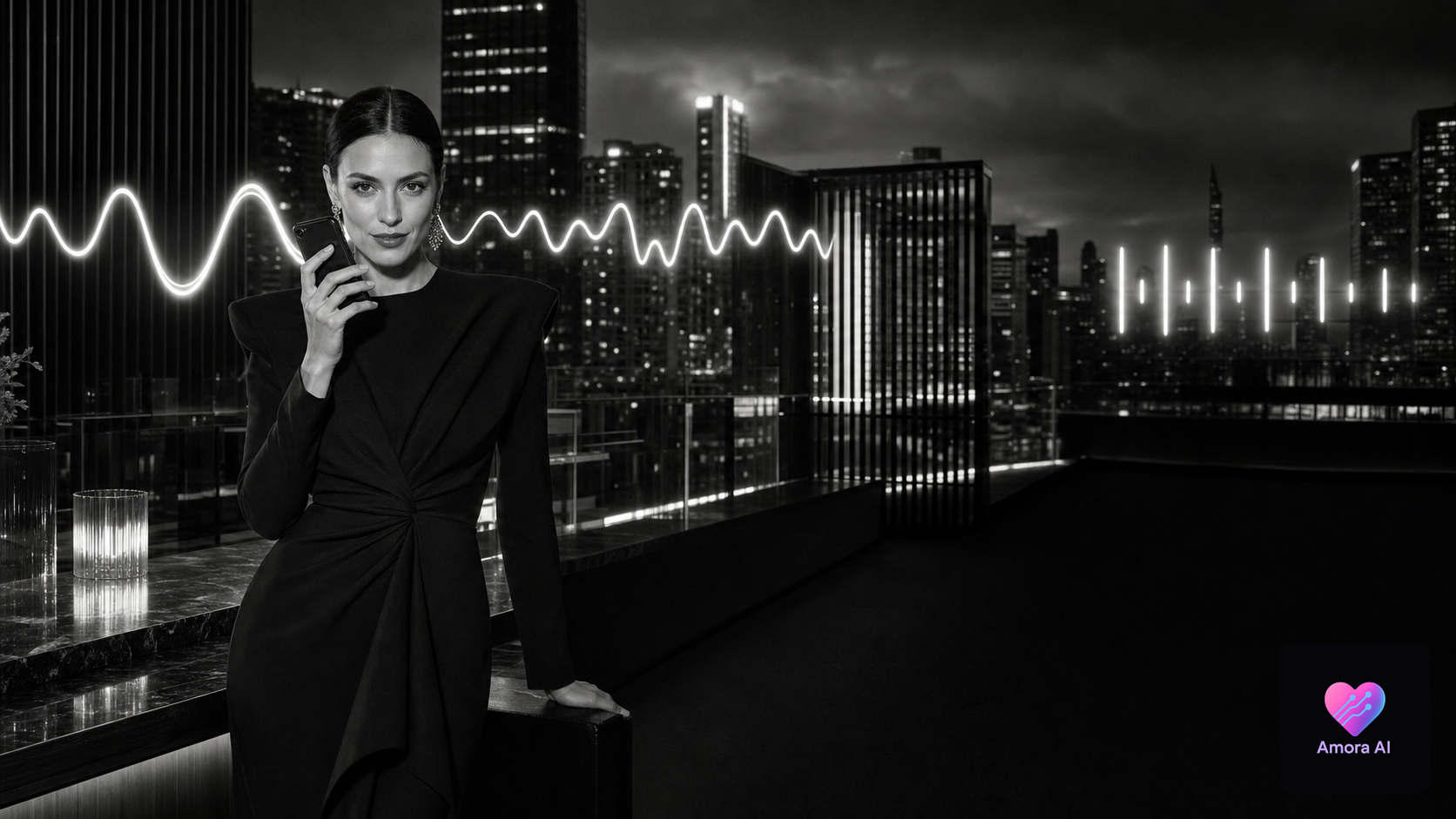 Mature woman compares live voice and audio-message modes on a phone at a monochrome rooftop.