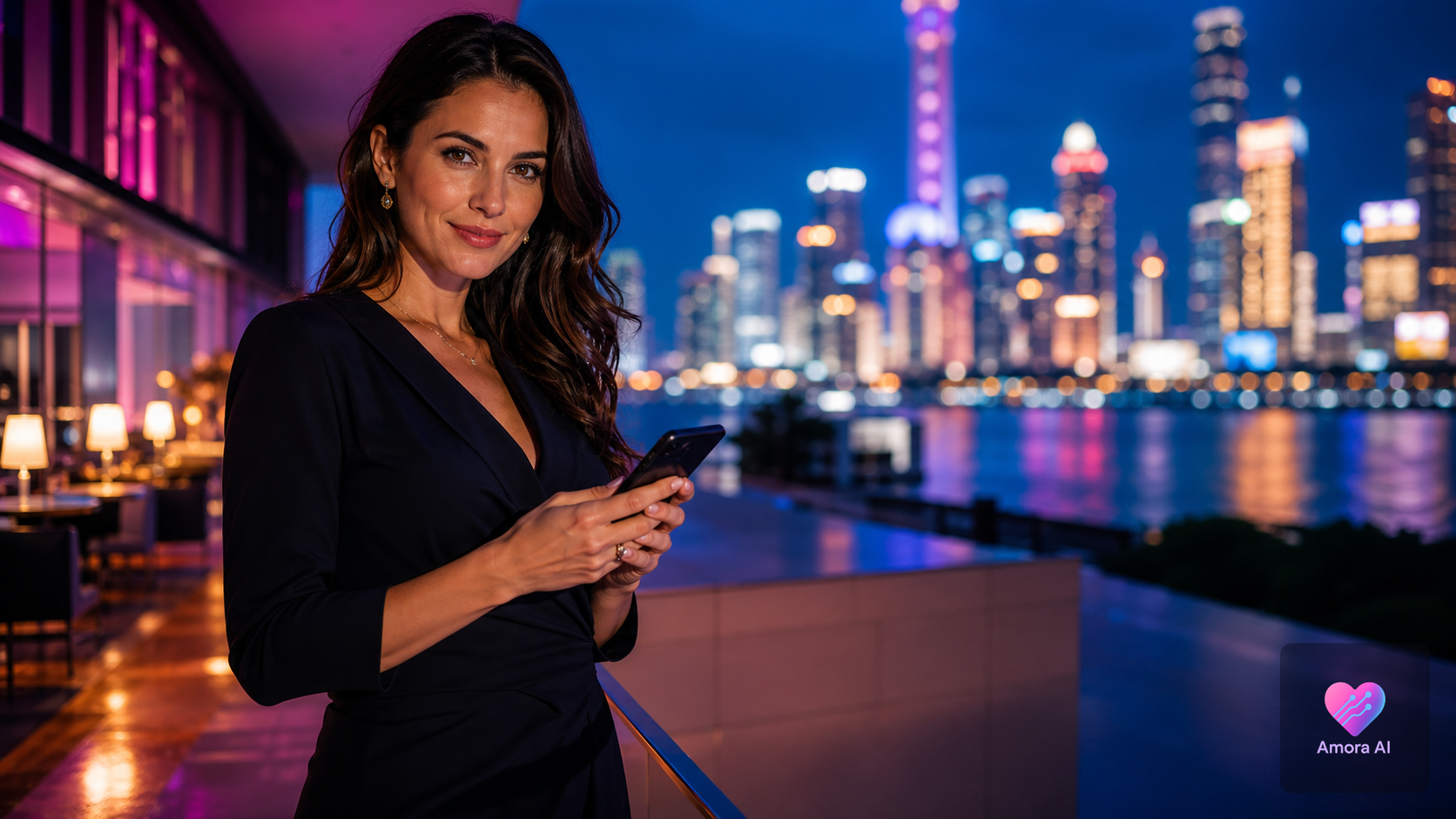 Mature woman beside a candlelit rooftop pool with an abstract AI companion reflected in the water at dusk.