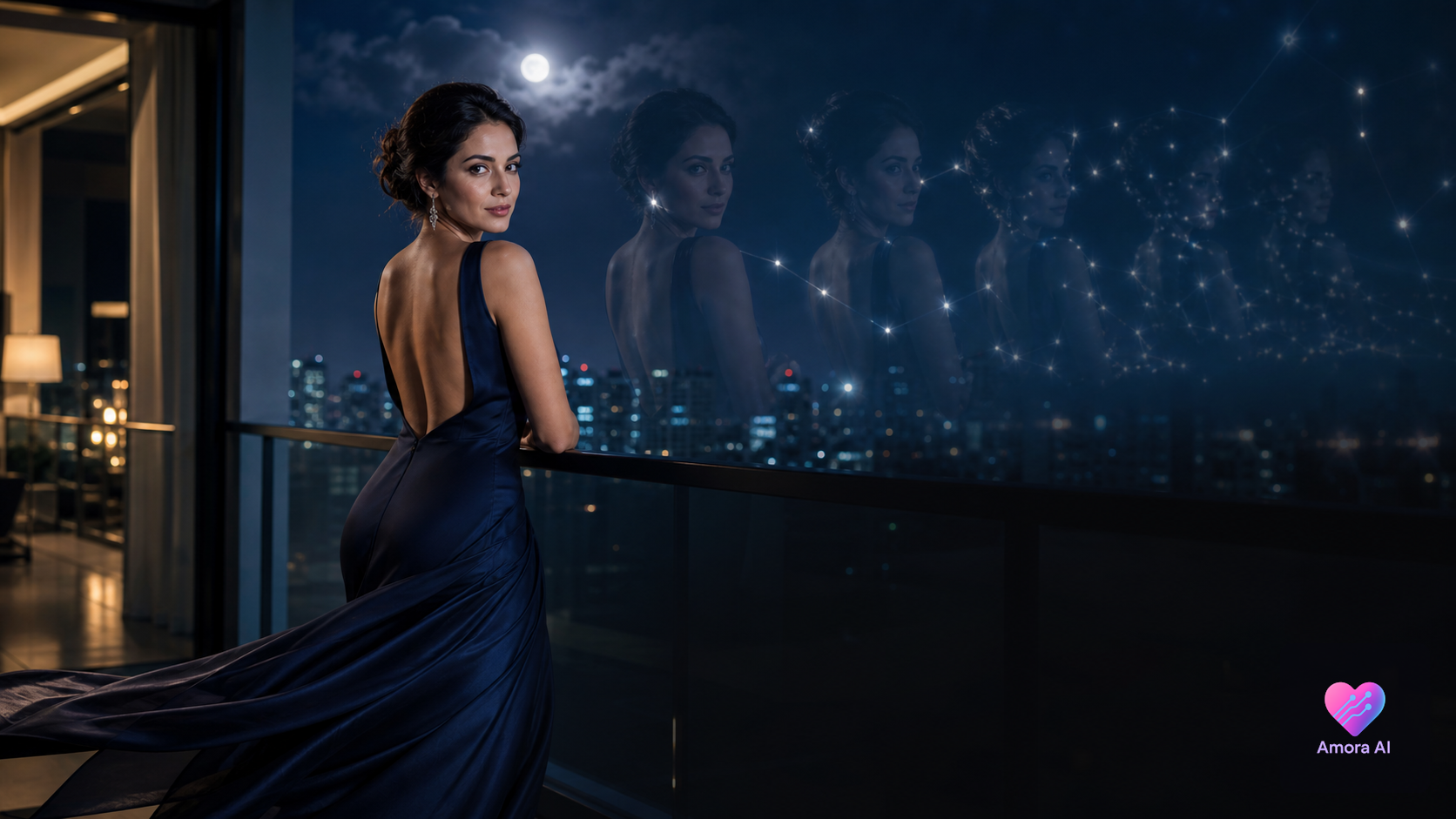Woman on a moonlit balcony beside fading memory-like reflections over a city skyline