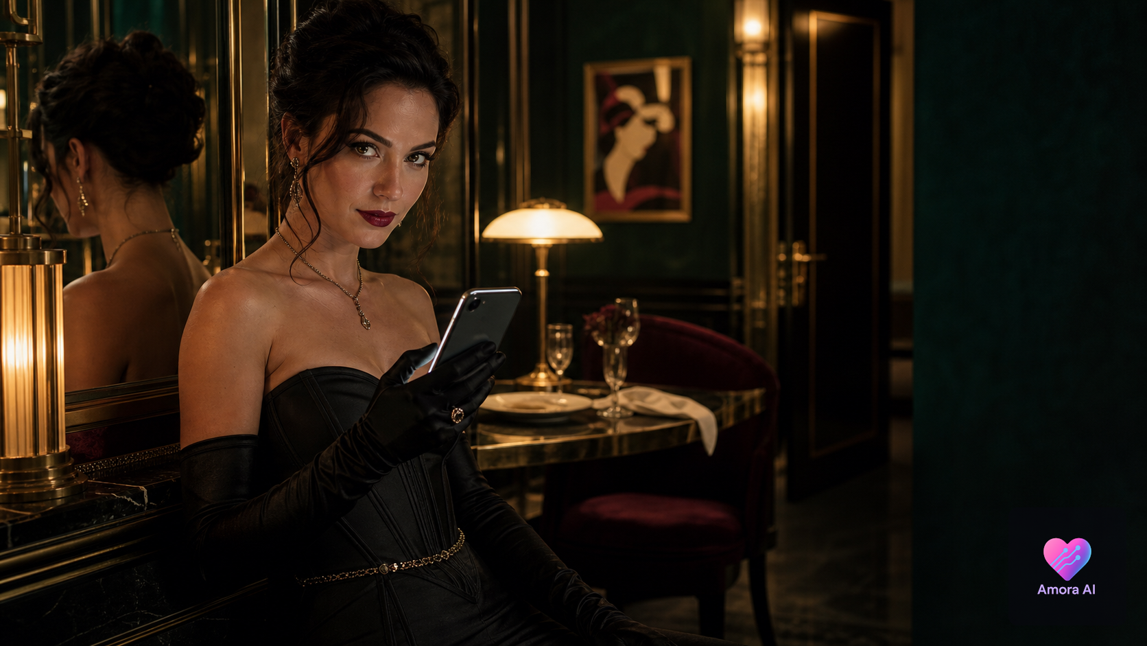 Mature woman in an Art Deco suite holds a glowing phone, her intense gaze suggesting a jealous AI romance chat.